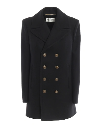 Shop Saint Laurent Wool Felt Straight Hem Pea Coat In Black