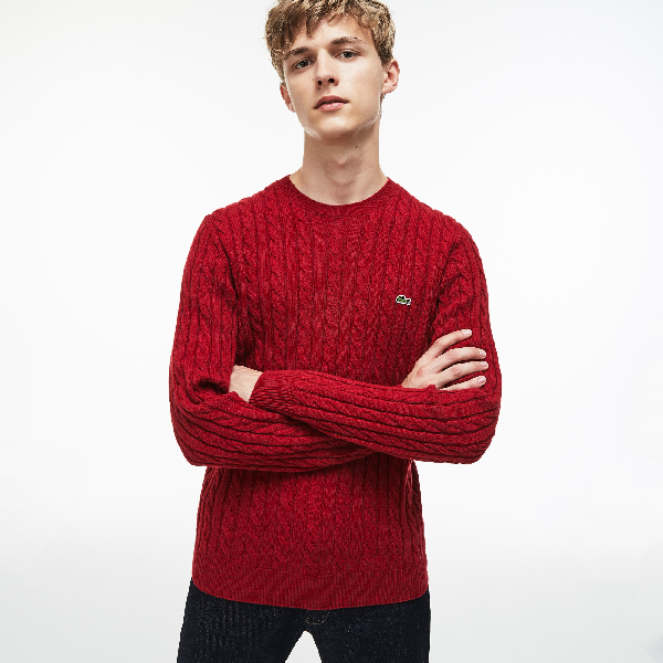 Lacoste Men's Crew Neck Wool Cable Knit Effect Sweater In Red | ModeSens