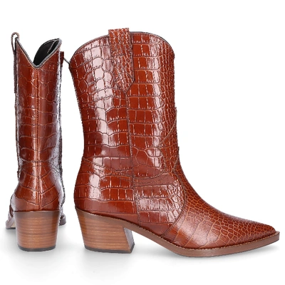 Shop Via Roma 15 Cowboy-/ Biker Ankle Boots Cocco Calfskin Embossing Brown