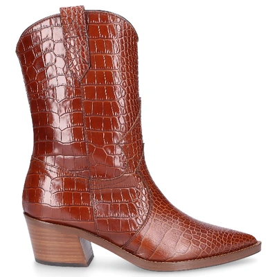 Shop Via Roma 15 Cowboy-/ Biker Ankle Boots Cocco Calfskin Embossing Brown