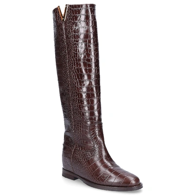 Shop Via Roma 15 Boots Cocco Calfskin Logo Embossing Metal Decorations Brown