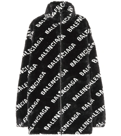 Shop Balenciaga Logo Faux Fur Jacket In Black