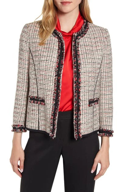 Shop Anne Klein Fringe Detail Collarless Tweed Jacket In Anne White/ Anne Blk Combo