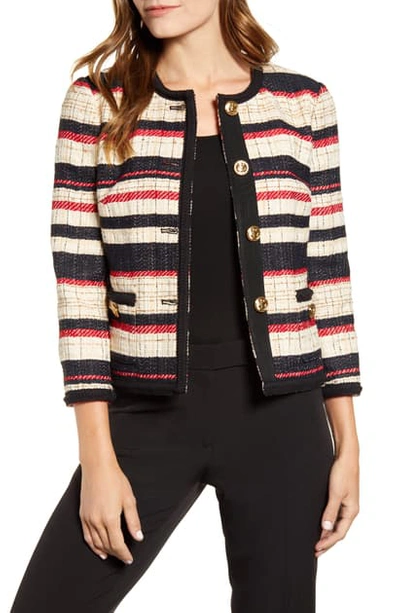 Shop Anne Klein Stripe Braided Trim Collarless Cotton Blend Jacket In Anne White/ Pinot Combo