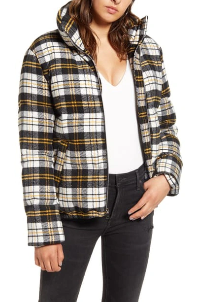Shop Kendall + Kylie Plaid Bomber Puffer Jacket In Blk/ Wht/ Yellow