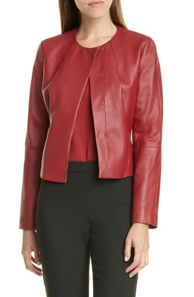 Shop Hugo Boss Sabarbie Crop Leather Jacket In Ruby