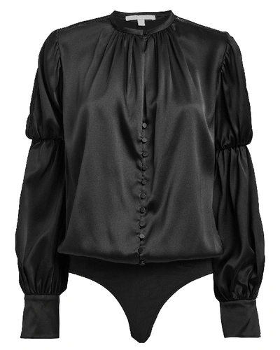 Shop Jonathan Simkhai Silk Puff Sleeve Bodysuit In Black