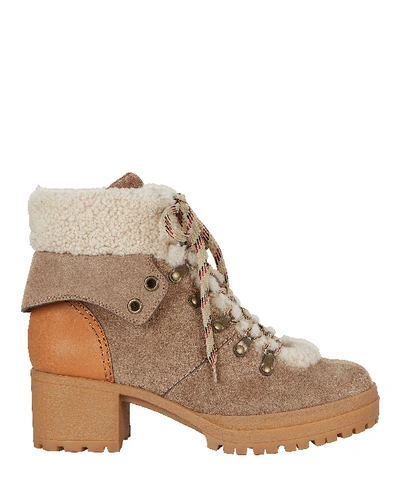 Shop See By Chloé Shearling Lace-up Hiker Booties In Beige
