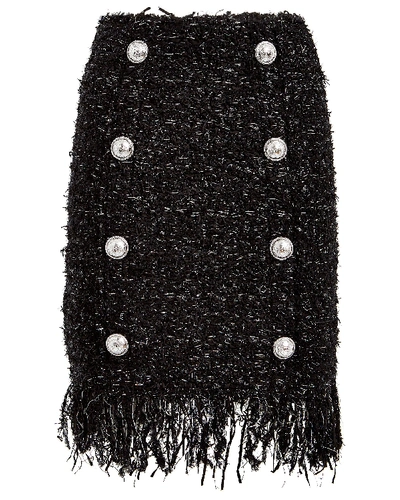 Shop Balmain Fringed 8 Button Tweed Mini Skirt In Black