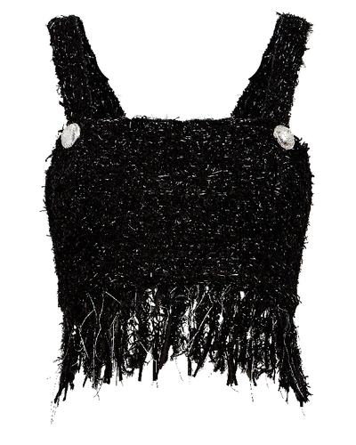 Shop Balmain Fringed Tweed Flecked Cropped Top In Black