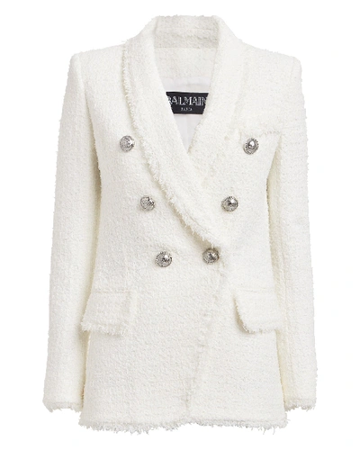 Shop Balmain Double Breasted Tweed Blazer In White