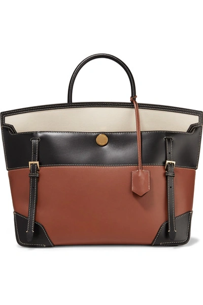 Shop Burberry Buckle-embellished Canvas And Leather Tote In Brown