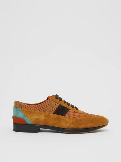 Shop Burberry Mesh Panel Suede Lace-up Shoes In Mix Tan