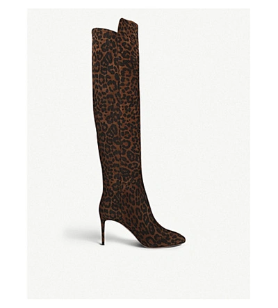 Shop Aquazzura Gainsbourg 85 Leopard-print Suede Knee-high Boots In Brown