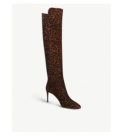 Shop Aquazzura Gainsbourg 85 Leopard-print Suede Knee-high Boots In Brown