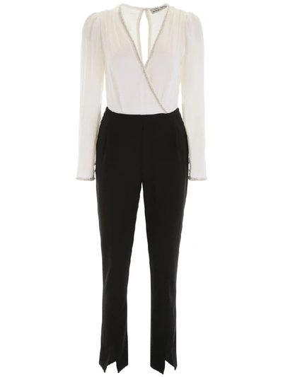 Shop Self-portrait Bicolor Jumpsuit In White Black (white)