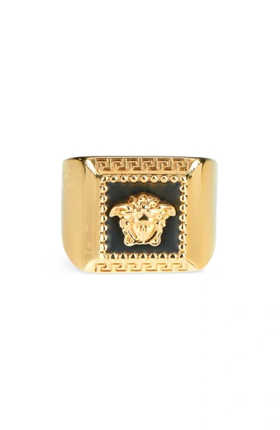 Shop Versace Square Ring In Black Warm Gold