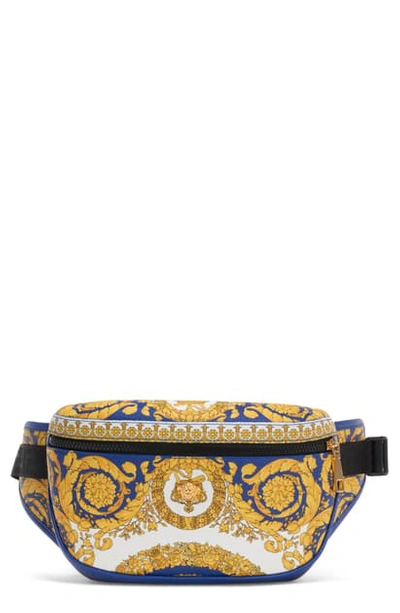 Shop Versace Barocco Print Leather Belt Bag In Cobalt Blue/multi/gold