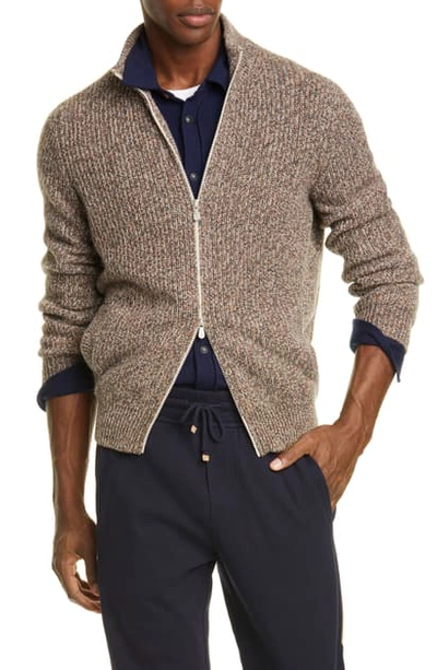 Shop Brunello Cucinelli Melange Cashmere Full Zip Cardigan In Grey Brown