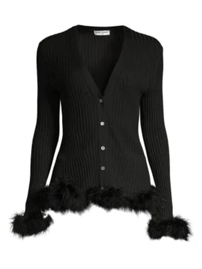 Shop Opening Ceremony Wool Rib-knit Faux Fur-trim Cardigan In Black