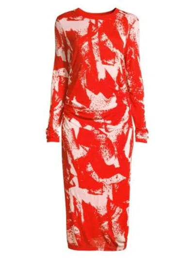 Shop Hugo Boss Esetta Printed & Ruched Jersey Dress In Scarlet Fantasy