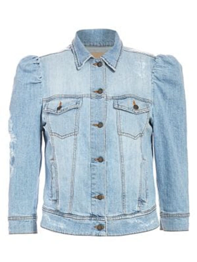 Shop Retroféte Ada Puff-sleeve Distressed Denim Jacket In Light Blue