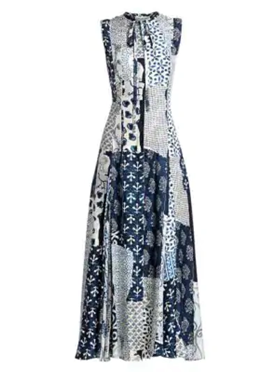 Shop Oscar De La Renta Patchwork Silk Midi Dress In Indigo