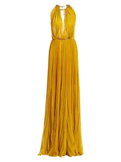 Shop Oscar De La Renta Highneck Pleated Chain Gown In Ginger