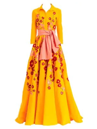 Shop Carolina Herrera Embroidered Floral Silk Trench Gown In Goldenrod Multi
