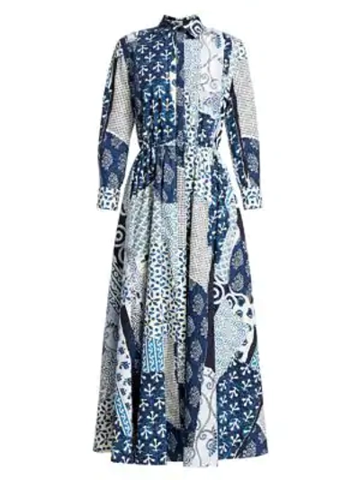 Shop Oscar De La Renta Collared Poplin Patchwork Midi Dress In Indigo