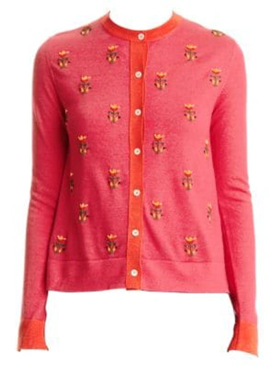 Shop Carolina Herrera Embellished Floral Cashmere & Silk Cardigan In Rosa Pink Multi