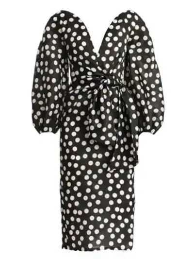 Shop Carolina Herrera Polka Dot Puff-sleeve Tie-waist Sheath Dress In Black White