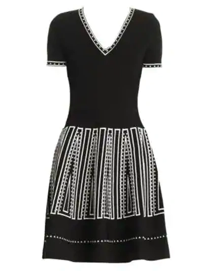 Shop Carolina Herrera Graphic-trim Short-sleeve V-neck Fit-&-flare Dress In Black Multi