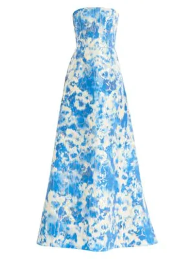 Shop Carolina Herrera Tie Dye Metallic Strapless Stretch-silk A-line Gown In Blue Multi