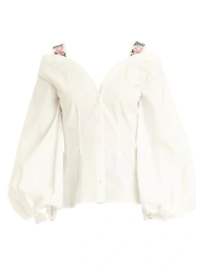 Shop Carolina Herrera Puff-sleeve V-neck Floral-embroidered Strap Shirt In White Multi