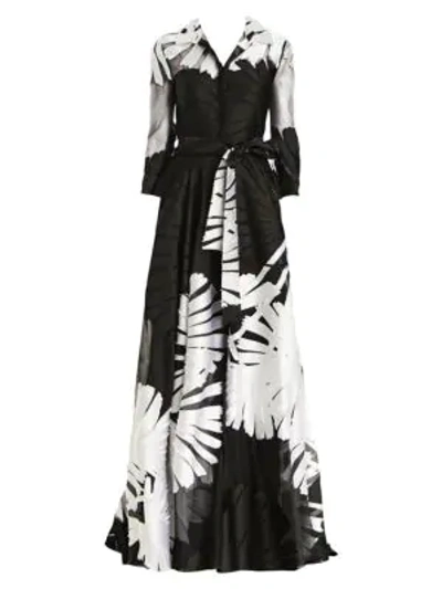 Shop Carolina Herrera Jacquard Silk-tulle Three-quarter Sleeve A-line Shirt Gown In Black White