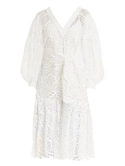 Shop Carolina Herrera Lace Eyelet Dramatic Puff-sleeve V-neck Tie-waist Flounce Midi Dress In White