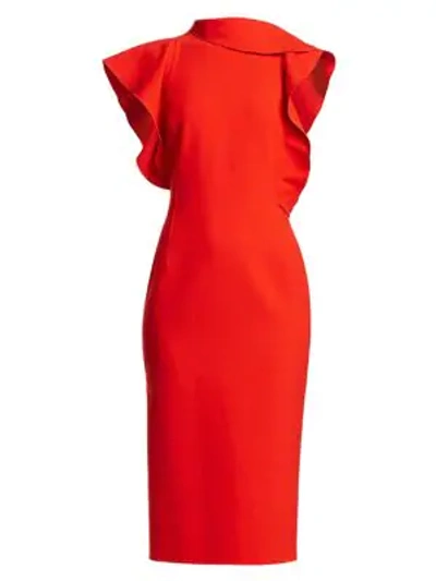 Shop Oscar De La Renta Asymmetric Ruffle-sleeve Midi Dress In Poppy