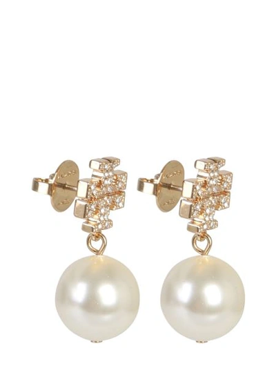 Shop Tory Burch Crystal Logo And Pendant Pearl Earrings In Gold