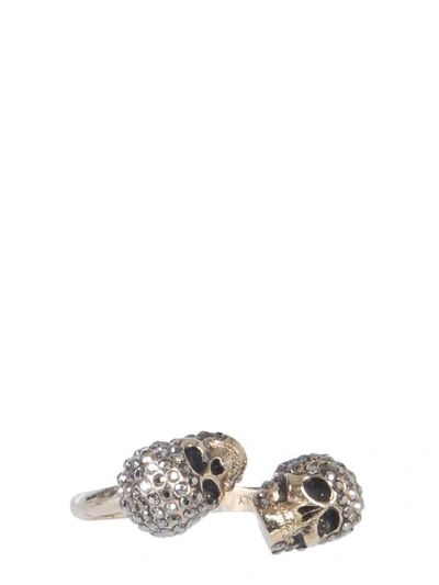 Shop Alexander Mcqueen Twin Skull Ring In Grey