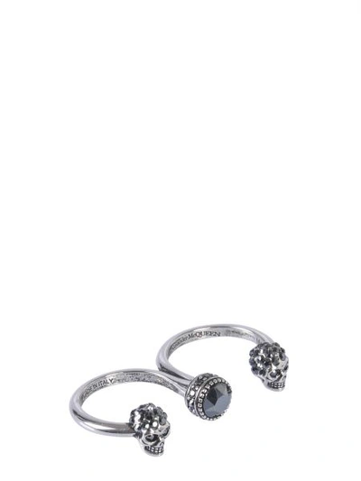 Shop Alexander Mcqueen Double Skull Ring In Grey