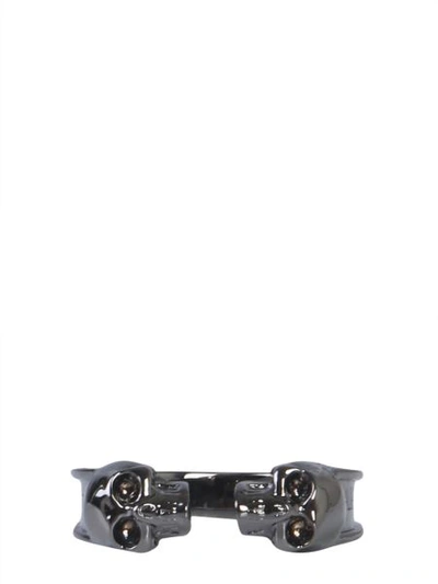 Shop Alexander Mcqueen Twin Skull Double Ring In Grey