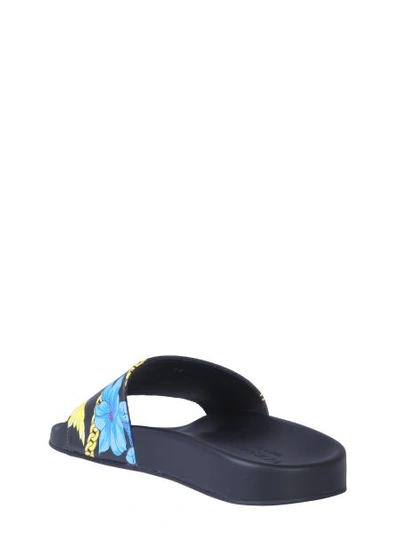 Shop Versace Slide Sandals With Gold Hibiscus Print In Black