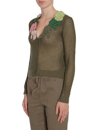 Shop Boutique Moschino Flower Appliqués Cardigan In Military Green
