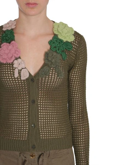 Shop Boutique Moschino Flower Appliqués Cardigan In Military Green