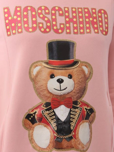 Shop Moschino Cotton Fleece Dress With Hood And Teddy Bear Circus Print In Pink