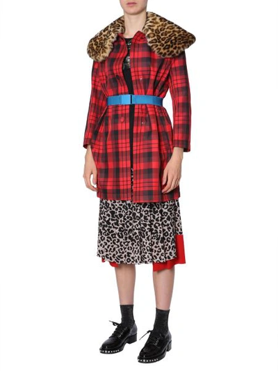 Shop N°21 Faux-fur Collar Checked Coat In Red