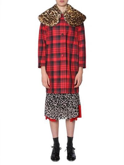 Shop N°21 Faux-fur Collar Checked Coat In Red