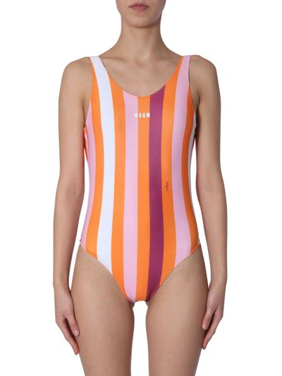 Shop Msgm Striped Swimsuit In Multicolour