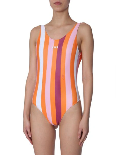 Shop Msgm Striped Swimsuit In Multicolour